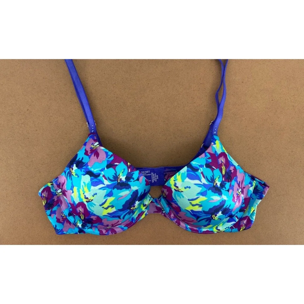 Victorias Secret Biofit Demi Uplift Bra 36B Blue Purple Floral Rhinestone 221878